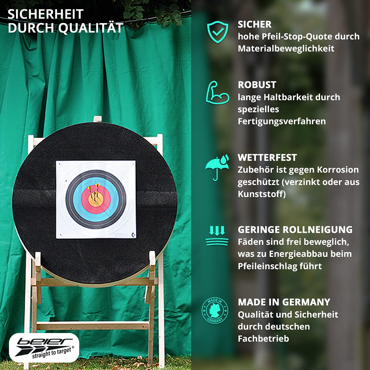 Pfeilfangnetz Set extra stark I grün 3m hoch bis 12m breit I Armbrust & Bogenschießen Pfeilfang I Fangnetz inklusive Zubehör - fertig zur Montage I by Beier Germany