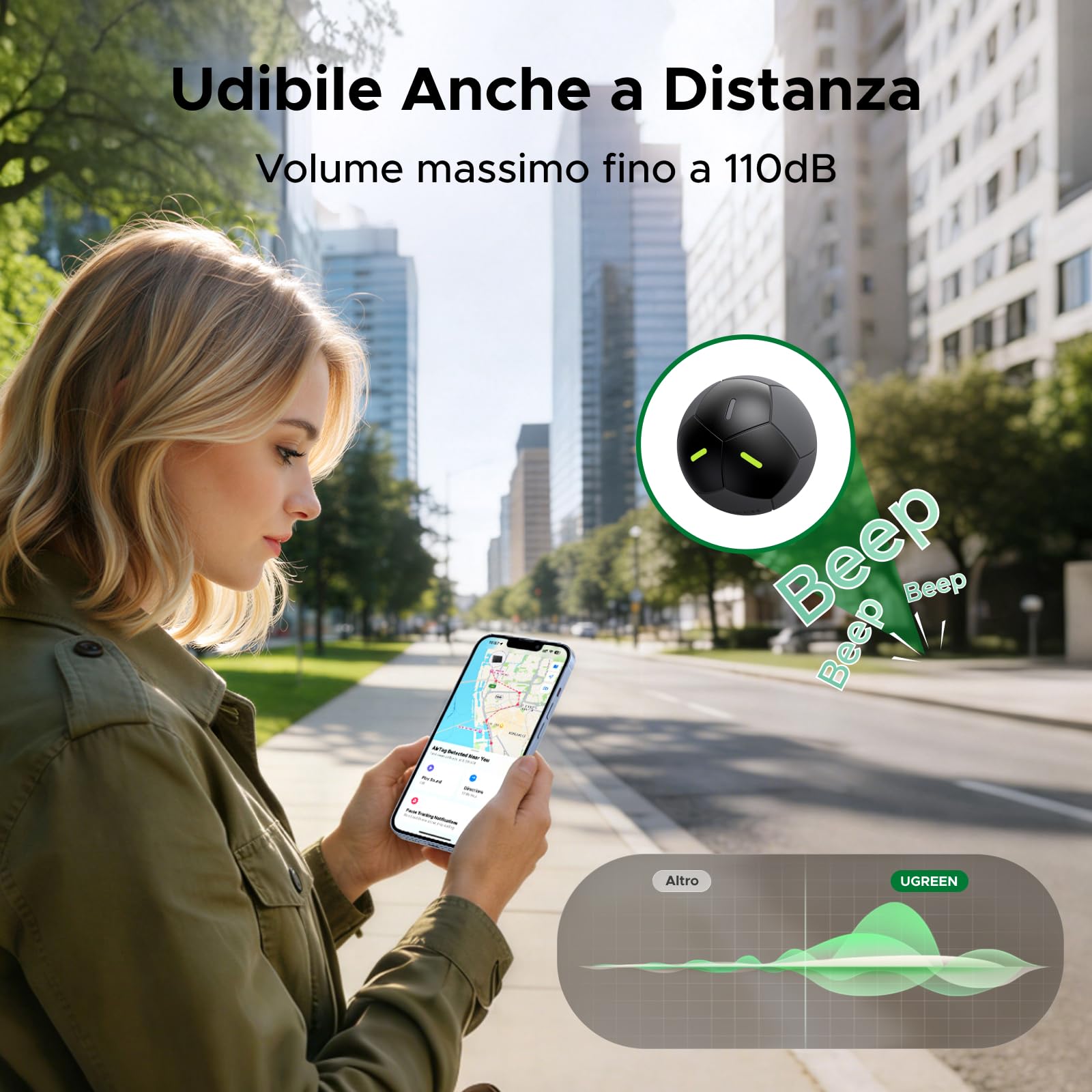 UGREEN FineTrack 2 Smart Finder 110dB Localizzatore IP68 Bluetooth Tracker per Chiavi Bagaglio