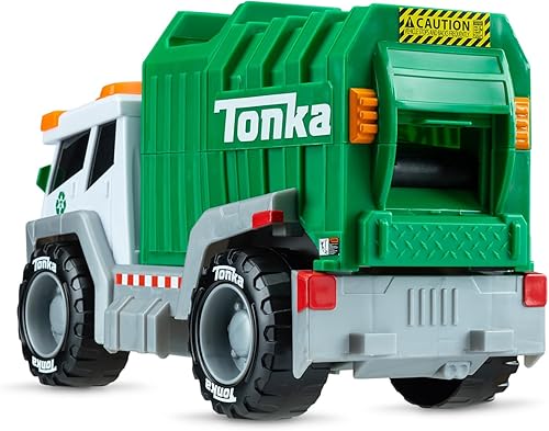 Miniatura 4 de Tonka, Camión de basura Crank and Haul fabricado con plástico resistente, camión de construcción de juguete de fricción blanco y verde, a partir de