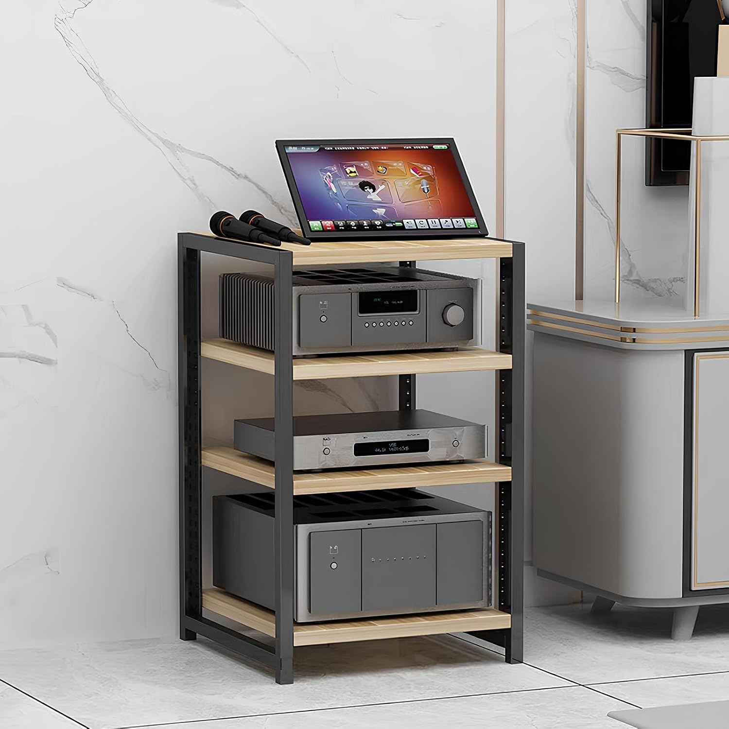Heavy-Duty Metal Audio Video Rack - 4 Tier Stereo Stand for Home Studio, Gaming Room & Living Room Furniture - Light Walnut Finish, Sturdy Design, Multi-Functional