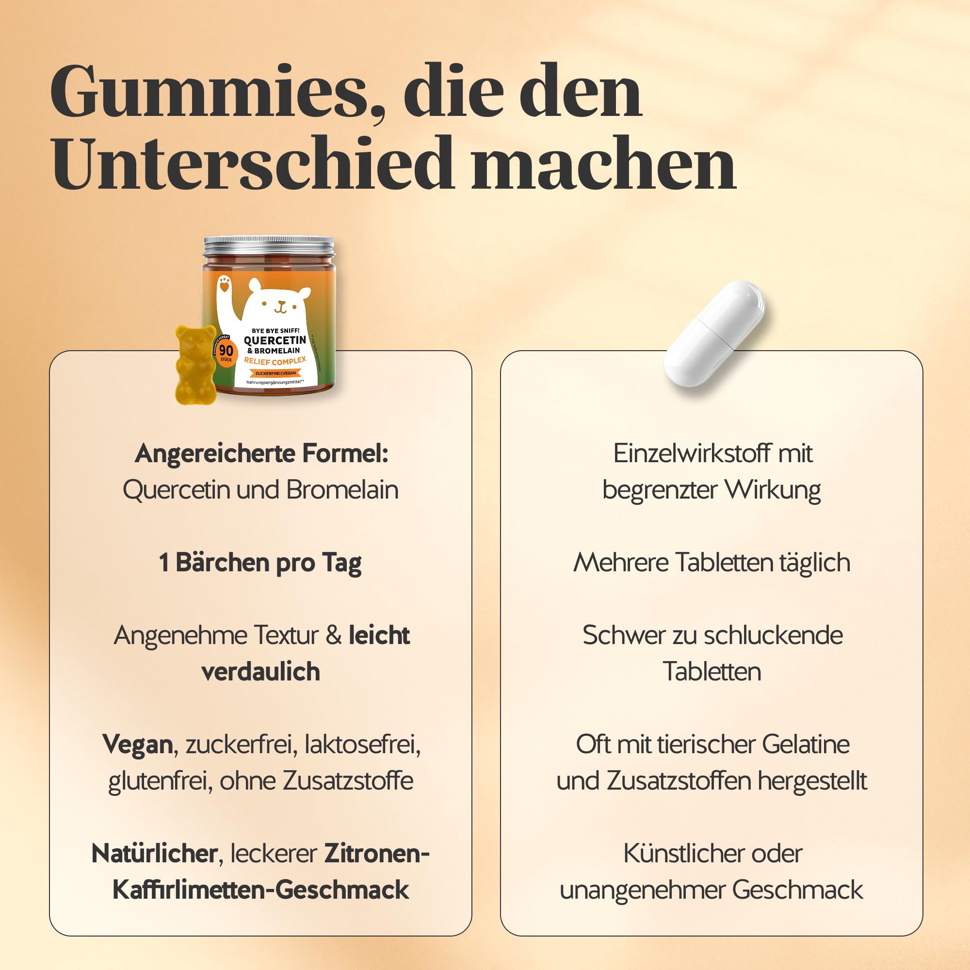 Bears with Benefits - Gummibärchen Quercetin - Immunsystem - 90 Stück | Bye Bye Sniff Relief – Quercetin und Bromelain, Vitamin C, Zink - Vorrat für 3 Monate - Zuckerfrei, Vegan