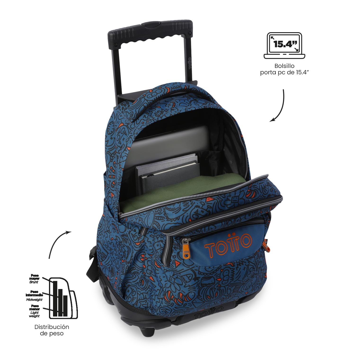TOTTO - Mochila Escolar con Ruedas, Modelo Renglones, Capacidad 26,21 Litros, Bolsillo para PC 15,4", Bolsillo Botella, Correas en S para Mayor Comodidad, Resistente, Estampado Grafer