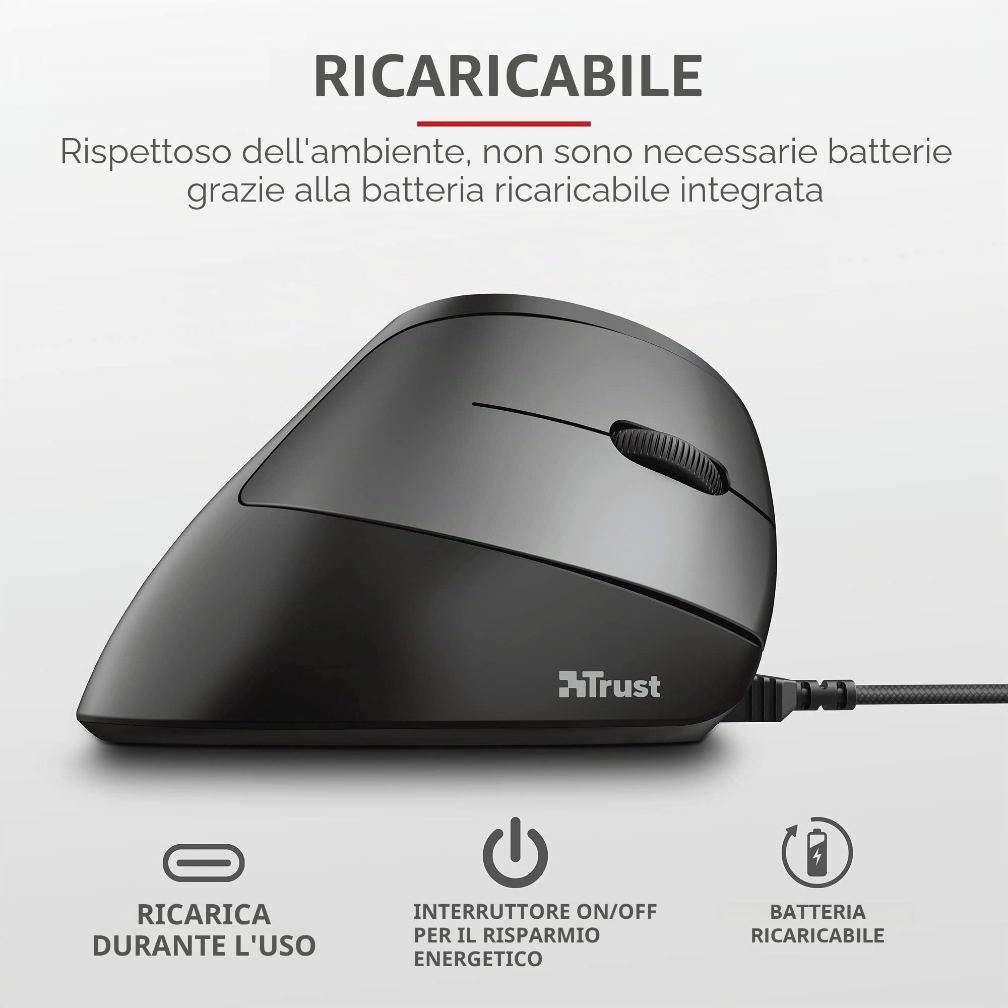 Trust Bayo Mouse Verticale Wireless Ricaricabile, Mouse Ergonomico Senza Filo, 800-2400 DPI, RF 2.4GHz, 6 Pulsanti, Ricevitore USB, Portata 10 m, Luce RGB, per PC, Computer, Laptop, Mac - Nero