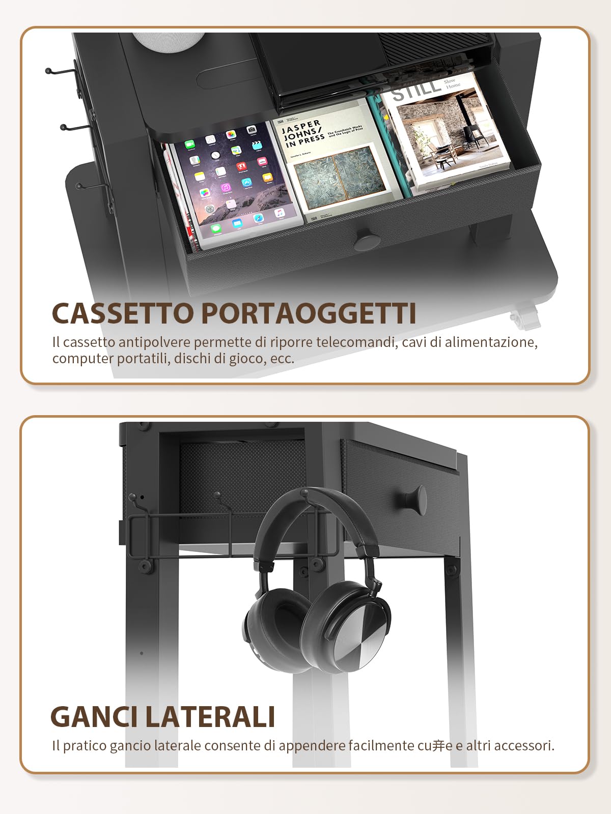 Maiproo Supporto TV con cassetto in tessuto per schermi piatti e curvi da 32 a 75 pollici, regolabile in altezza, LCD/LED/OLED, con vano portaoggetti, carrello mobile per TV su ruote fino a 100 kg