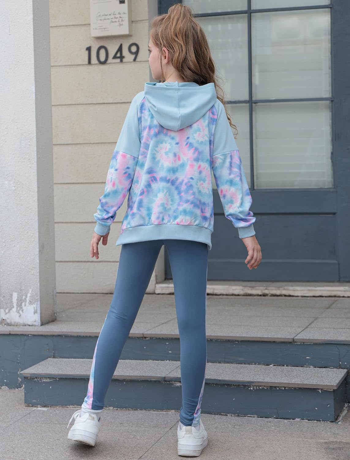 Clothes for Girls 10-12 Tie Dye Blue Hoodie Sweatsuit Back to School Outfits Sweapants with Leggings - Image 4