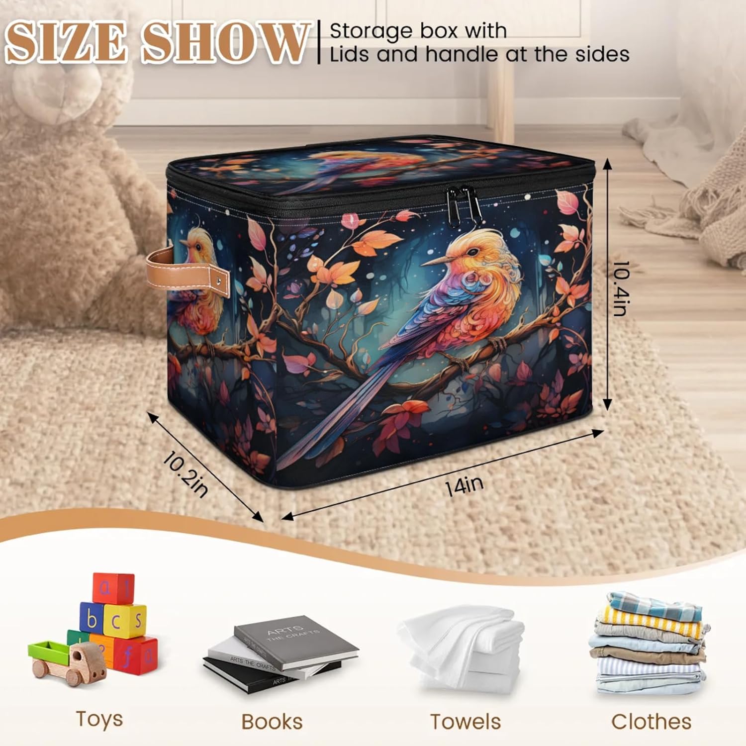Storage Bin Set of 2 Rainbow Branch Bird Storage Basket with Zipper Lid & Handle Foldable Closet Shelf 2 Pack Cloth Organizer Basket Cube Bins Clothes Organizer for Nursery, Bedroom