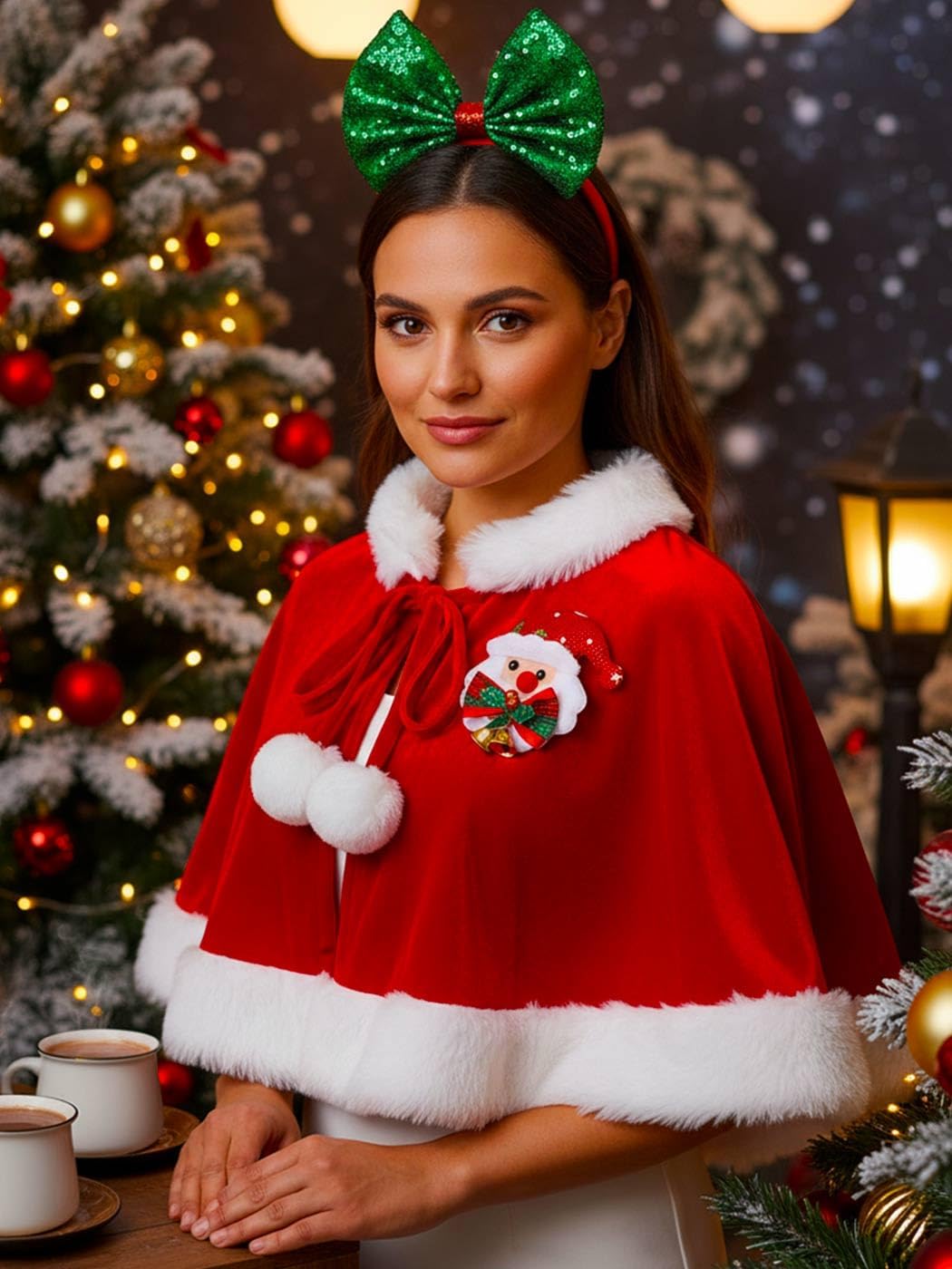 Christmas Velvet Red Cape Mrs Santa Claus Short Cloak Xmas Costume Shawl with Bow Headband Hat and Brooch for Women