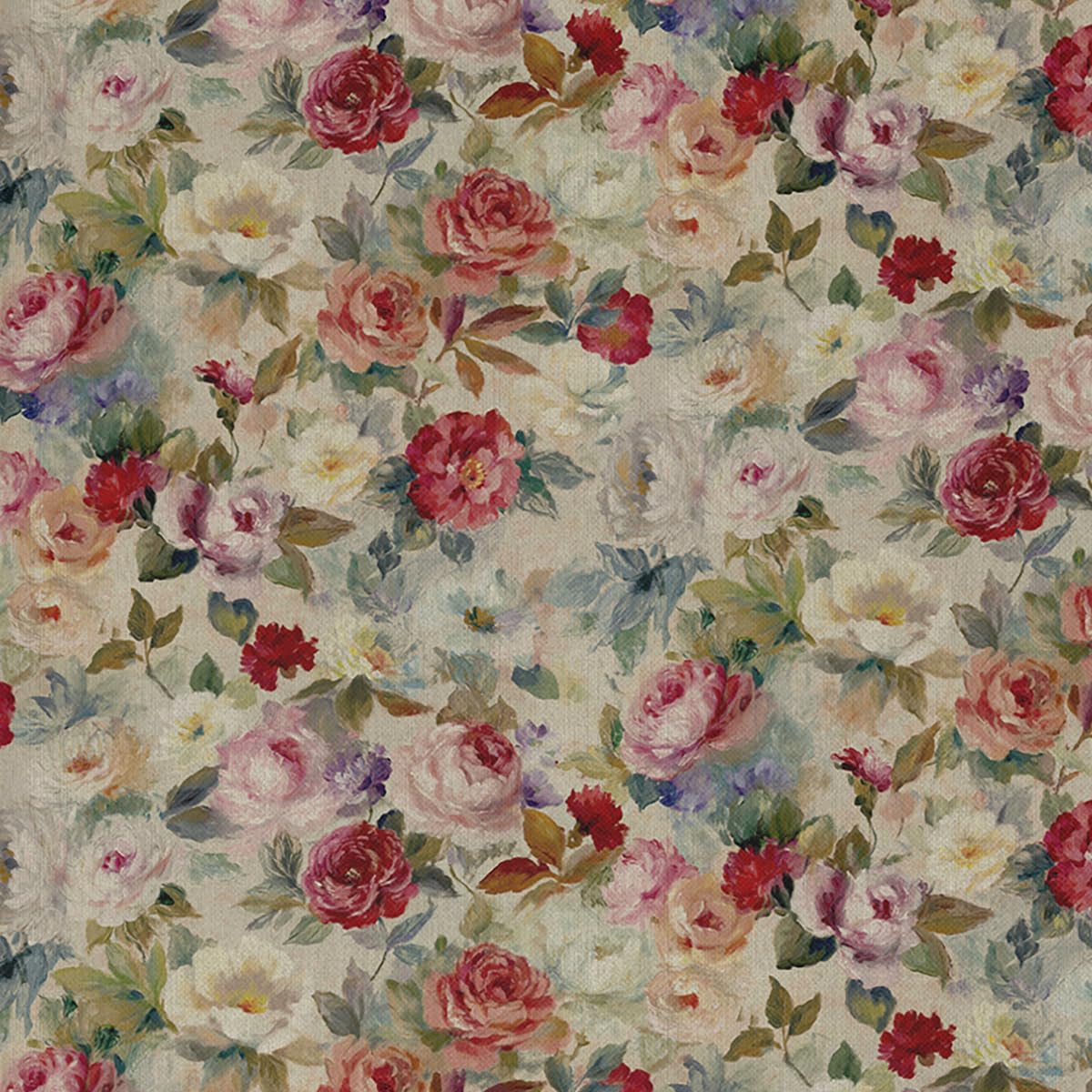Linen Look Fabric - Pretty Vintage Floral Rose Print Fabric Material Metre