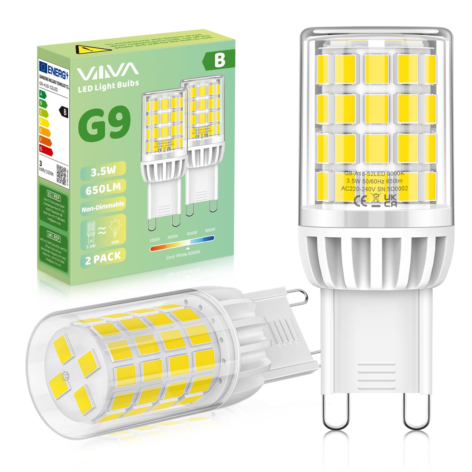 G9 LED Lampen Kaltweiss 6000K, 3.5W, 650LM Energieeffizienz der Klasse B, Ersatz für 50W Halogenlampe, G9 LED Leuchtmittel, Nicht Dimmbar, 360° Strahl, AC 220-240V, Energiesparende Glühbirne-2 Stück
