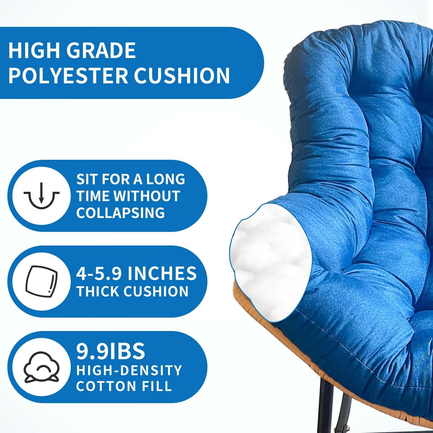 Oversized Papasan Rocking Chair Outdoor/Indoor, Boho Egg Wicker Recliner with Thick Cushion, Versatile Comfy Garden Seating Chairs for Living Room, Bedroom, Balcony, Patio (Dark Blue)