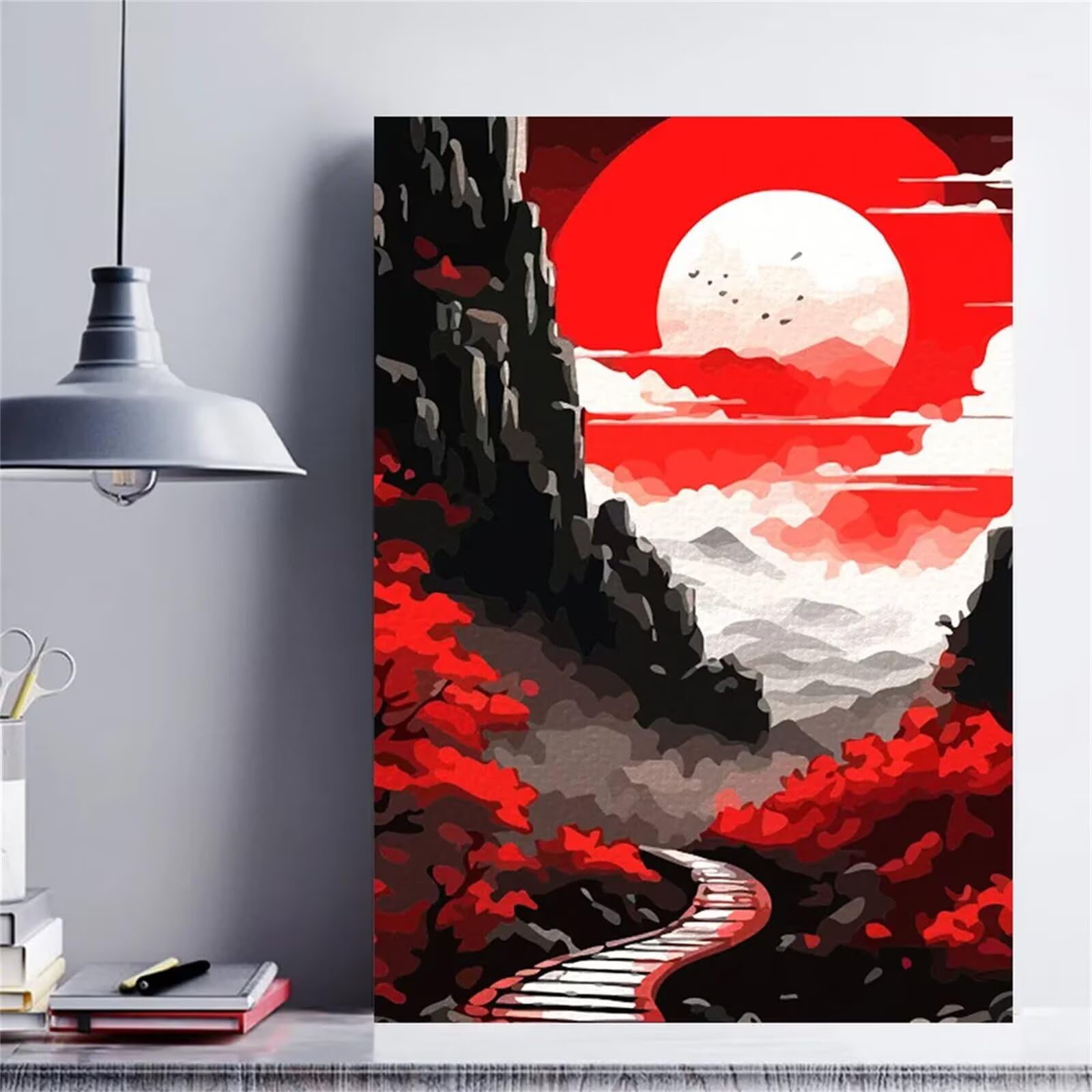 Malen nach Zahlen Erwachsene,Roter Landschaftsmond Malen Nach Zahlen Set für Anfänger DIY Digital Ölgemälde Kits auf Leinwand mit Pinseln und Acrylpigment ohne Rahmen für Home Wall Decor 60x75cm