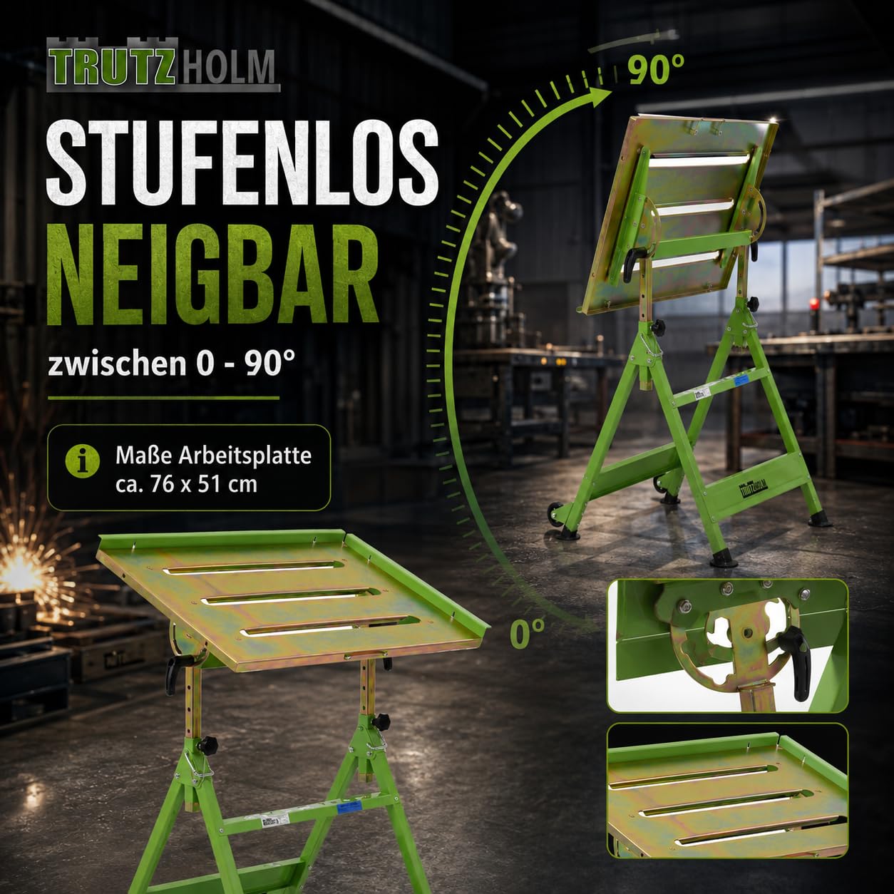 TRUTZHOLM mobiler Schweißtisch klappbar höhenverstellbar von 77-92 cm, 150 Kg, große Arbeitsplatte, stufenlose Neigung bis 90° Profi Werktisch Werkbank mit Rädern und Tragegriff, platzsparend