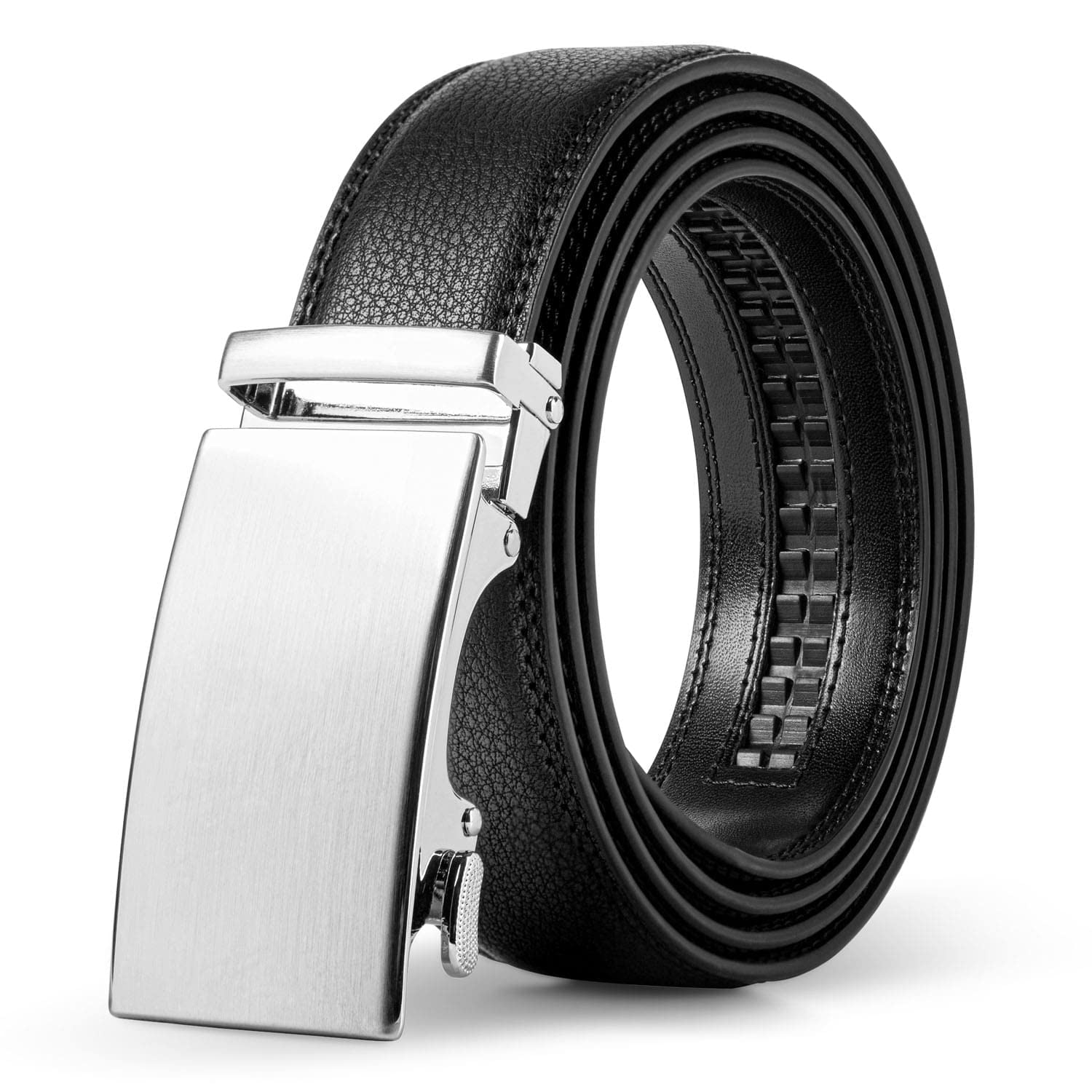 DQT Mens Black Leather Ratchet Belt – Automatic Buckle Dress Belt with Gift Box - Black Grain