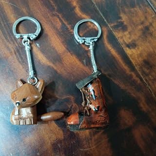 木彫り キーホルダー 2個セット キツネ ブーツ レトロ