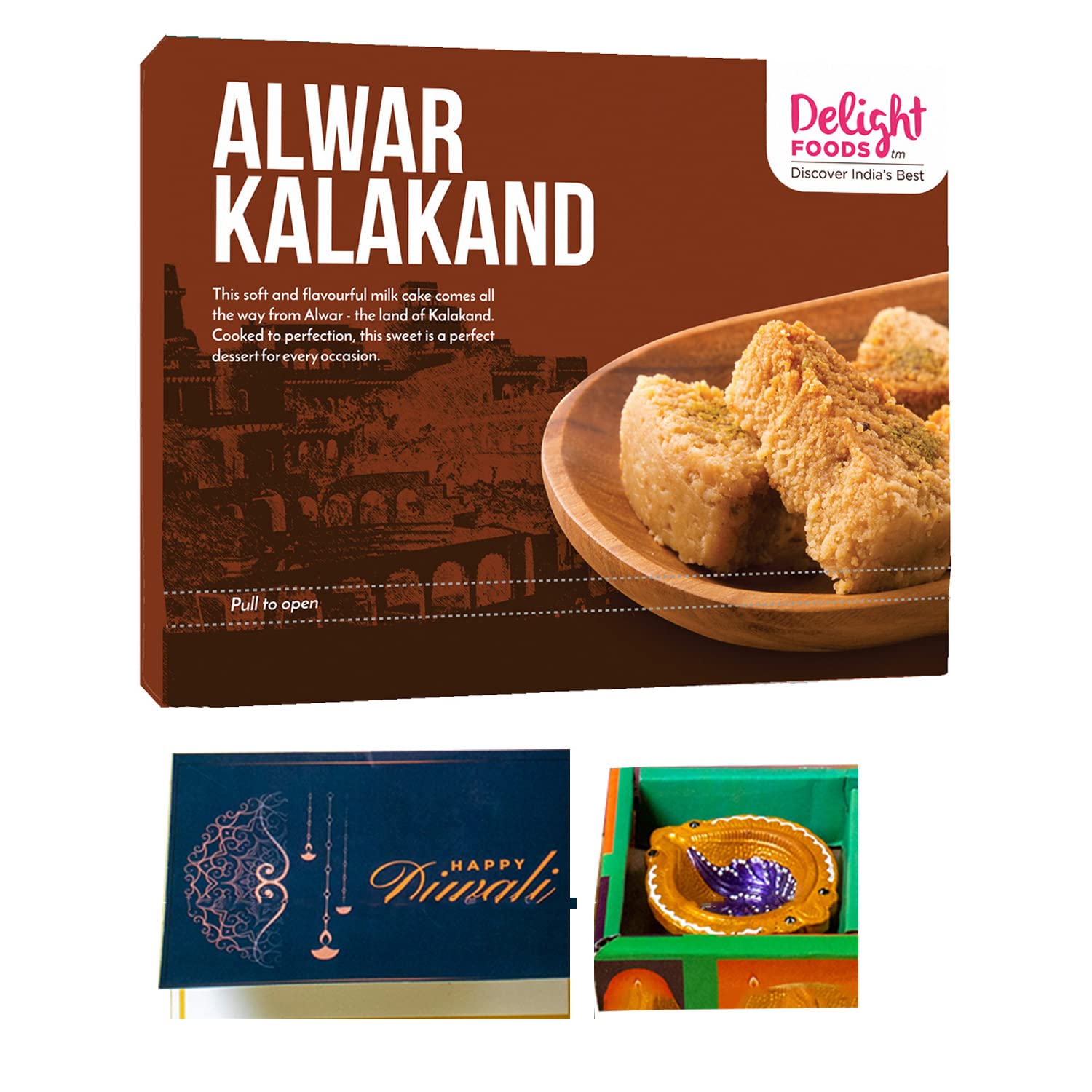 Delight Foods Alwar Kalakand (Milk Cake) 250g | Diwali Greeting Card | Decorative Fancy Diya | Authentic & Fresh | Indian Sweets (Mithai) | Festive Gift Pack (Diwali) (B07YM4ZDB8) Amazon Price History, Amazon Price Tracker