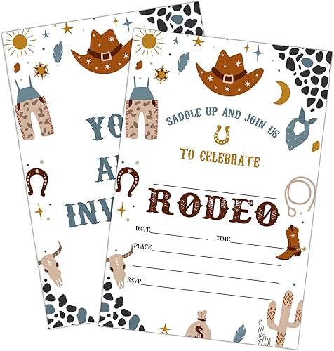 Miniatura 6 de Invitaciones de fiesta de cumpleaños de vaquero para niños y niñas, tarjetas de invitación My First Rodeo, 20 tarjetas de invitación retro de
