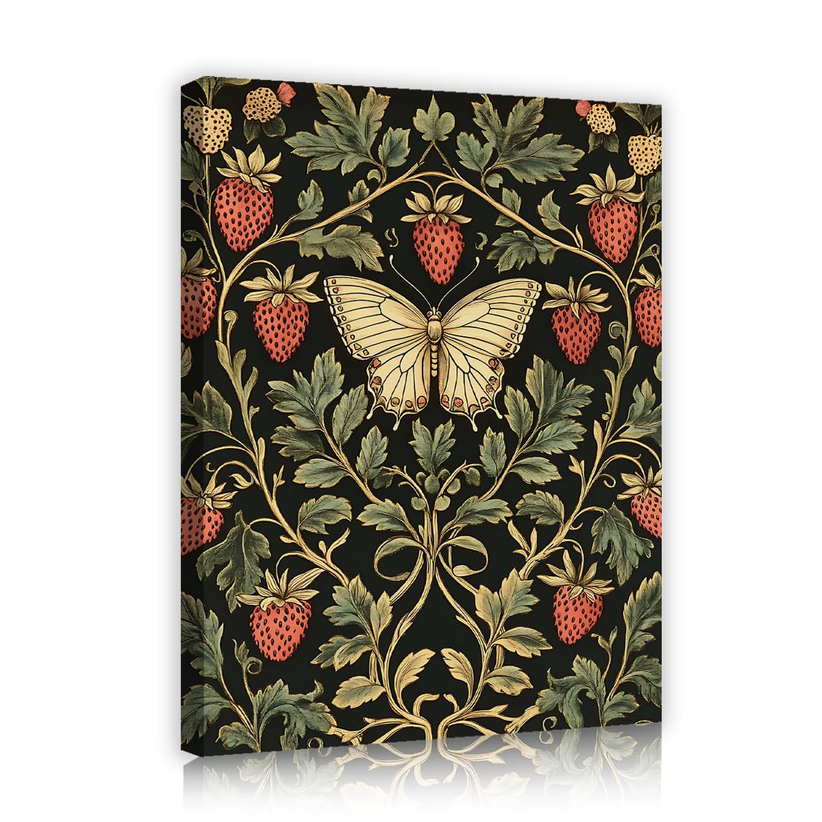 TOANGWALL Vintage Butterfly Canvas Wall Art Red Strawberry Pattern Print Yellow Moth Botanical Retro Illustration Framed Mural Poster for Living Room Kitchen Dining Decor 80x95cm
