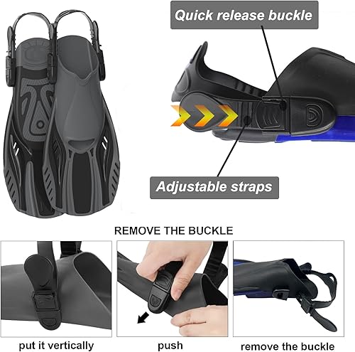 Miniatura 2 de Otowaving Aletas de esnórquel, aletas de natación, aletas de esnórquel con aletas cortas de tamaño de viaje, para buceo, aletas ajustables de tacón