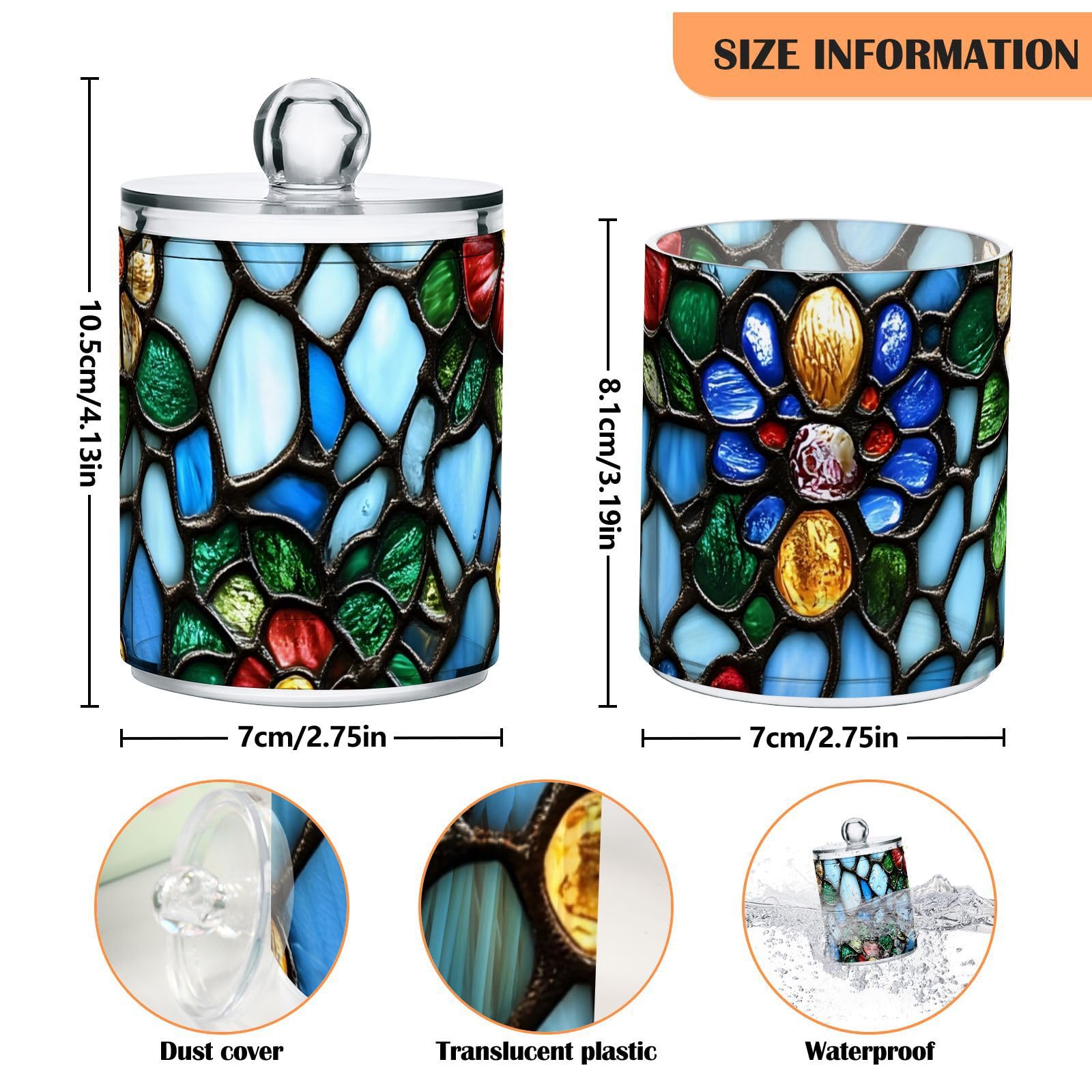 YMGQYJ Stained Glass Floral Qtip Cotton Ball Holders Dispenser Lidded 2 Pack, Plastic Jar Bathroom Canisters Storage Organizers