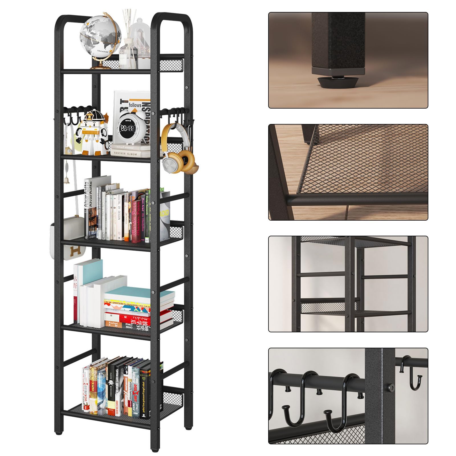 YMYNY Estantería de 5 Niveles, Librería, Biblioteca, Estante de Almacenamiento, con Gancho en S de 8 Piezas, Marco Metálico, Estilo Minimalista, para Sala de Estar, Oficina, Baño, Negro HBC055B