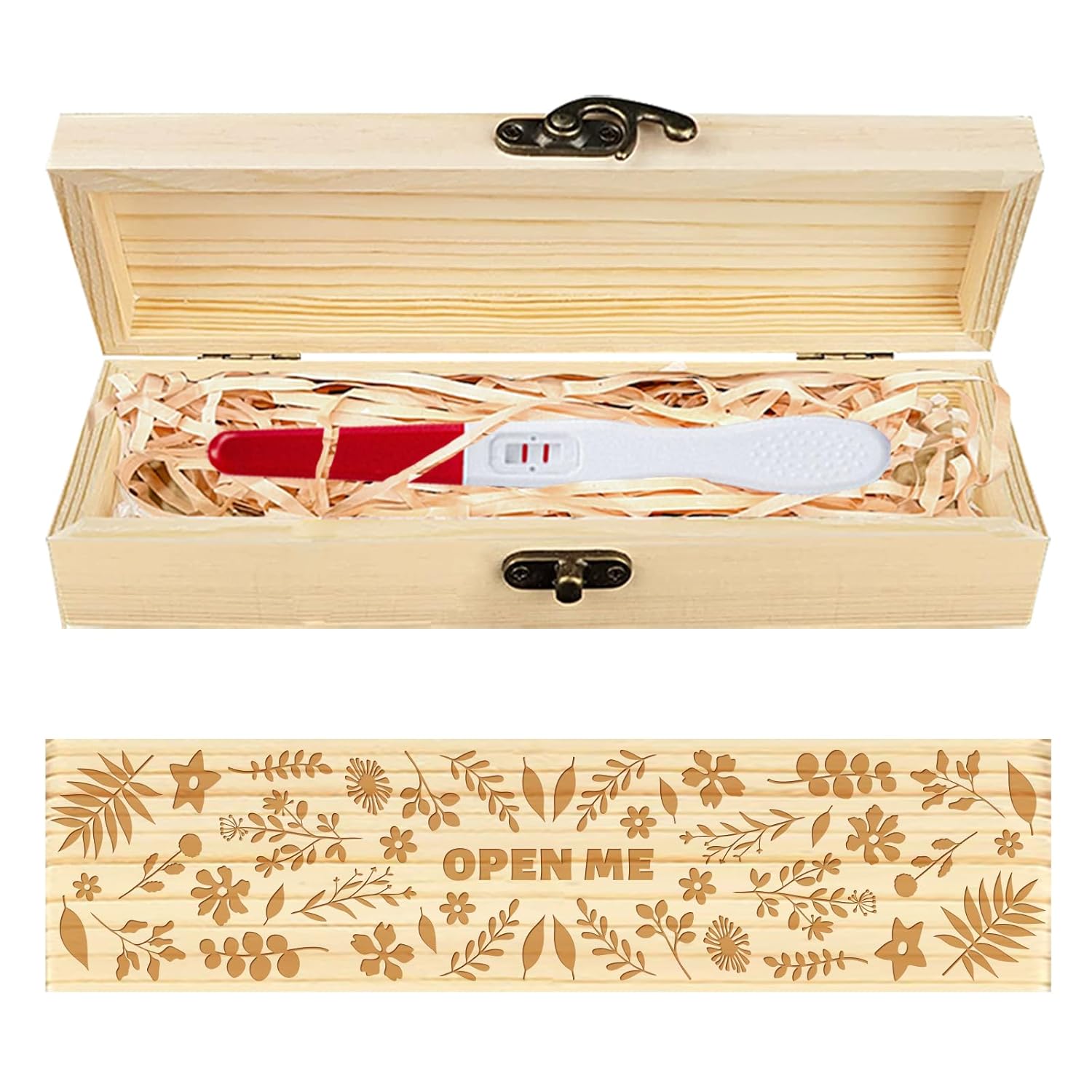 CHGCRAFT Pregnancy Test Keepsake Box Flowers and Leaves Wooden Pregnancy Announcement Gifts Box with Raffia Ribbon and Lock Announcement Gifts for Dad Husband, 8x2x1.2 inch