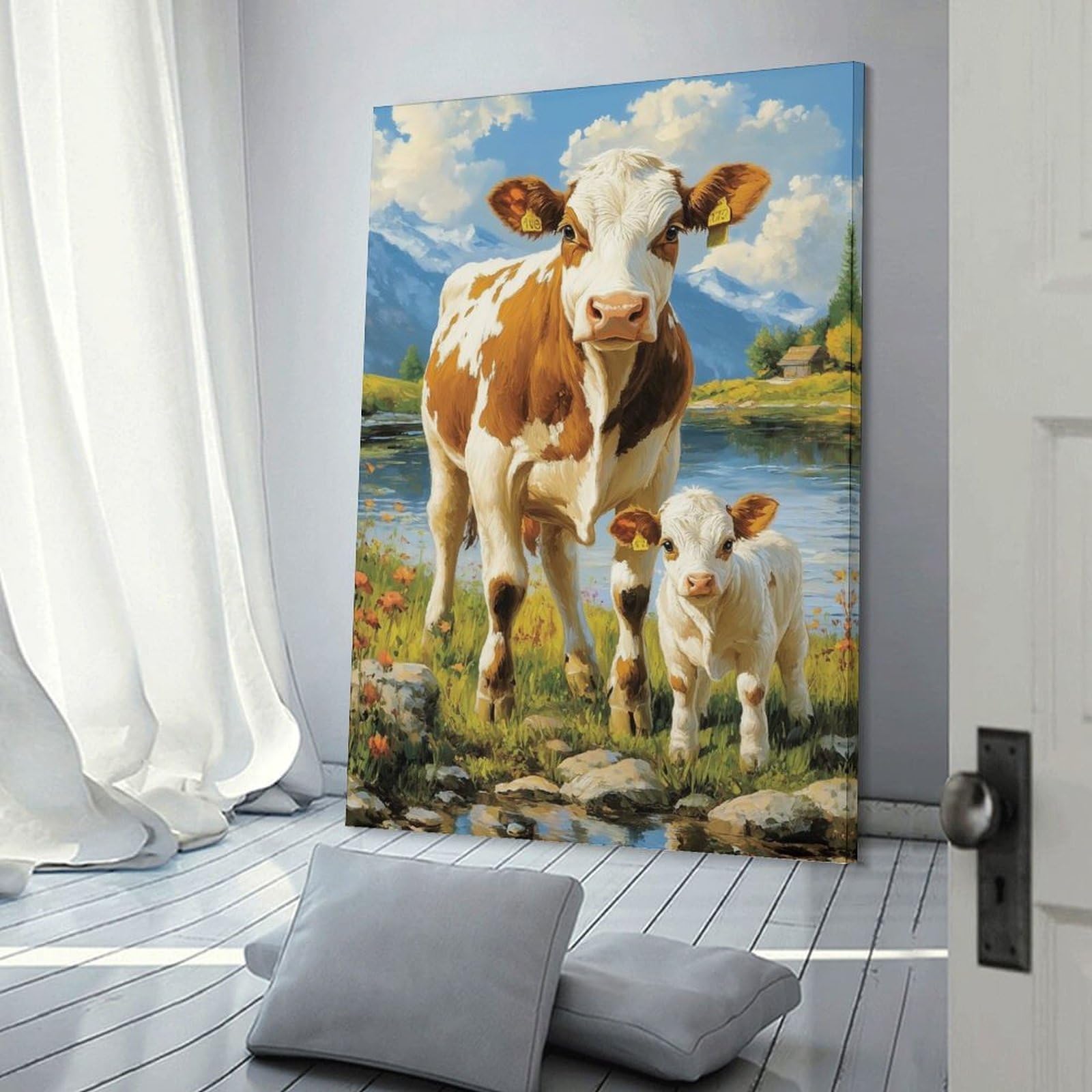 Junmoney Frame-Style-12 Cow And Calf By The River Canvas Wall Decor, 20X30inch(50X75cm), For Flats, Guest Rooms Or Compact Rooms, Decorative Canvas Decor For Home Updates