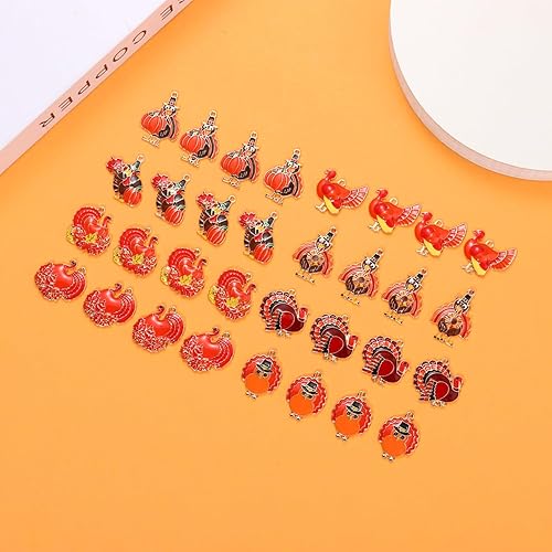 Miniatura 5 de NVENF 32 dijes de otoño para hacer joyas, dijes esmaltados de Acción de Gracias, calabaza, pavo, hoja de arce, colgantes para manualidades,