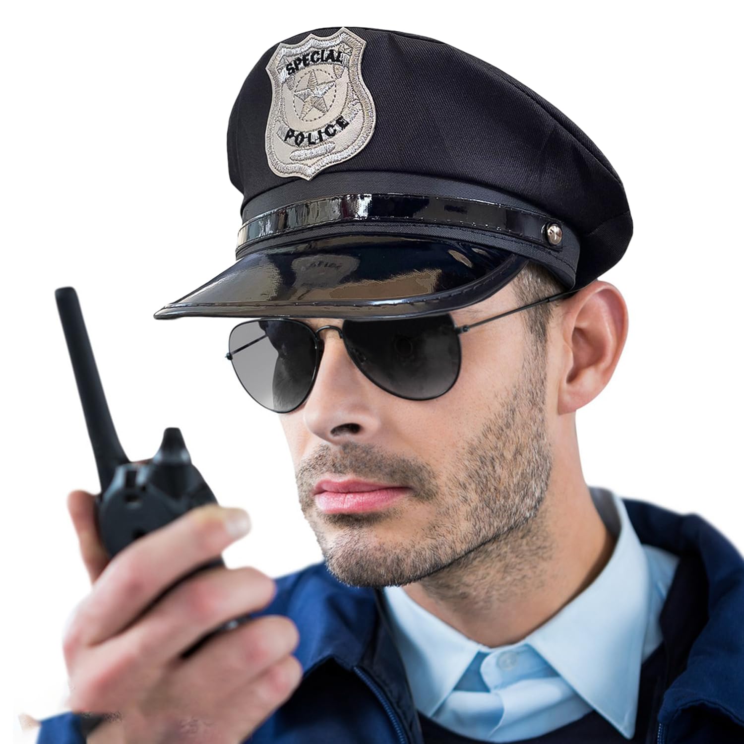 Bohue 3 Pieces Police Fancy Dress Set Police Hat Sunglasses Badge Police Officer Costume Accessories Halloween Fancy Dress for Men Women - Image 3