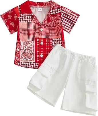 Yoawdats Toddler Baby Boy Summer Clothes Bandanna Boho Paisley Print Button Down Shirts Hawaiian Shirt + Cargo Shorts