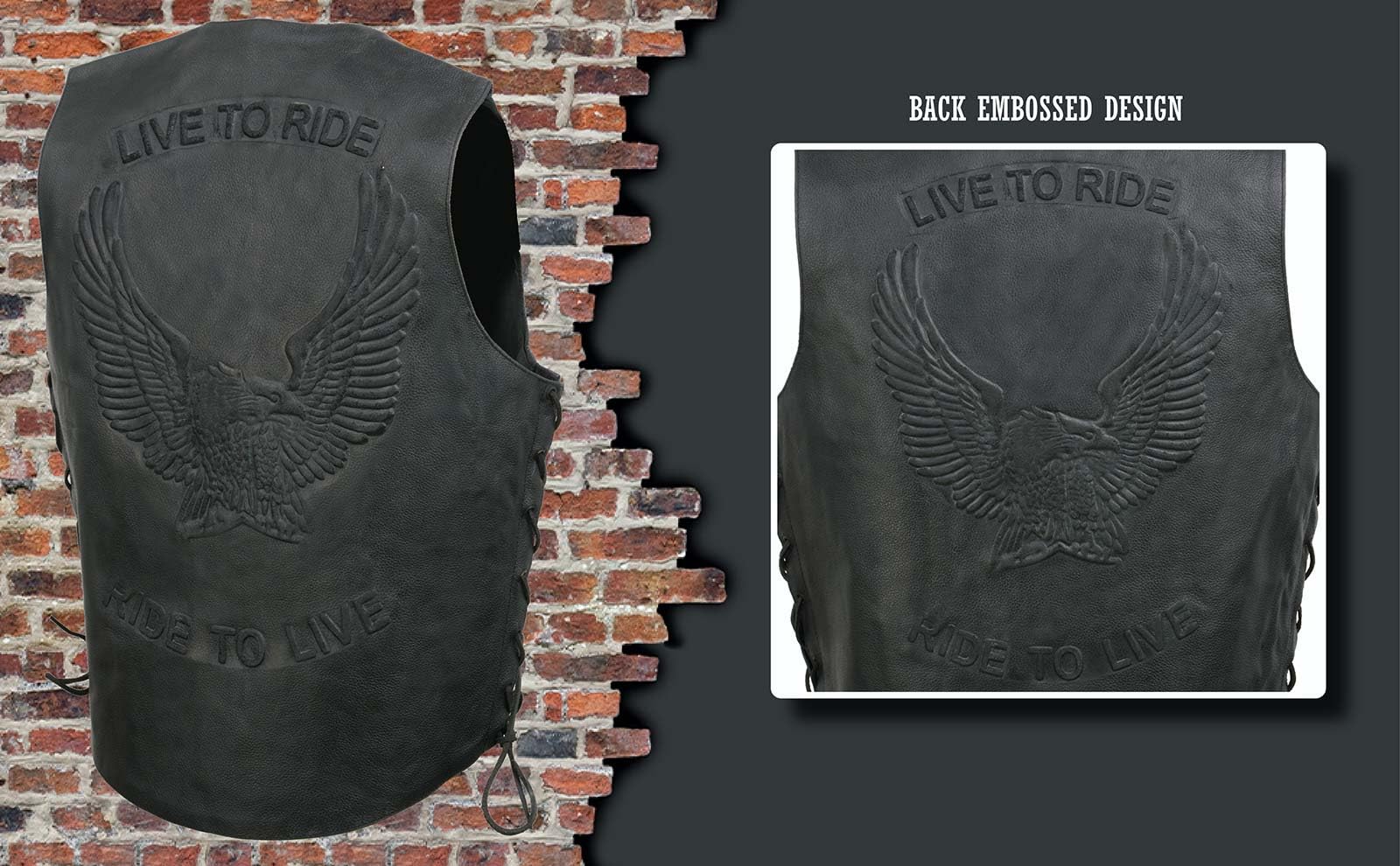 EVENT LEATHER ELM3900 Live to Ride - Chaleco de cuero negro con encaje lateral en relieve Flying Eagle para hombre