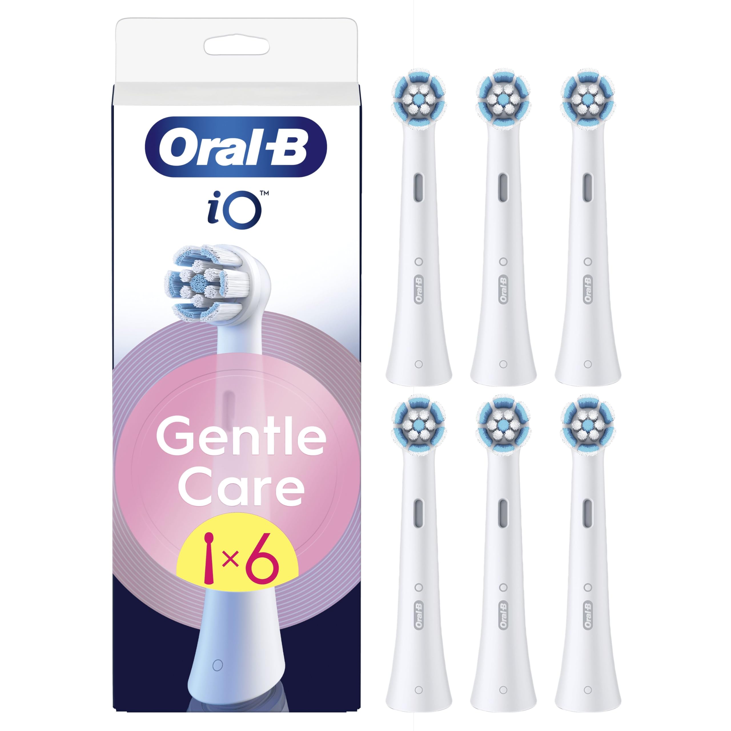 Oral-B iO Gentle Care White Replacement Heads for Oral B Electric Toothbrush, 6 Round Genuine Heads for Sensitive Gums, Angled Bristles to Remove Plaque