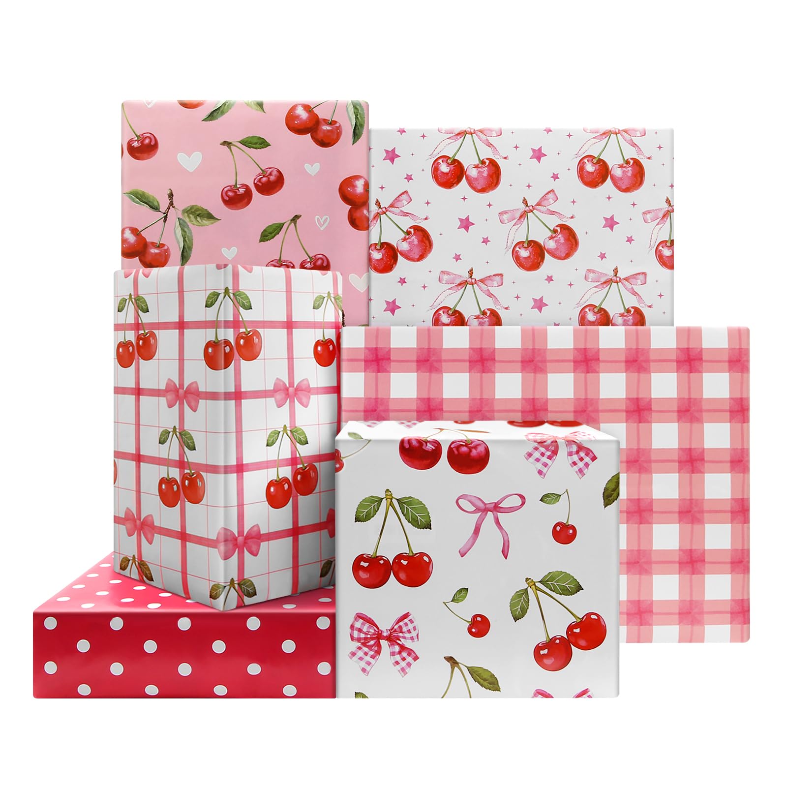6 Sheets Cherry Bow Wrapping Paper Pink Bow Gift Wrap Gingham Romantic Ribbon Wrapping Paper Folded Flat for Girls Birthday Baby Shower Bridal Valentines Anniversary Christmas,20 x 27 Inch