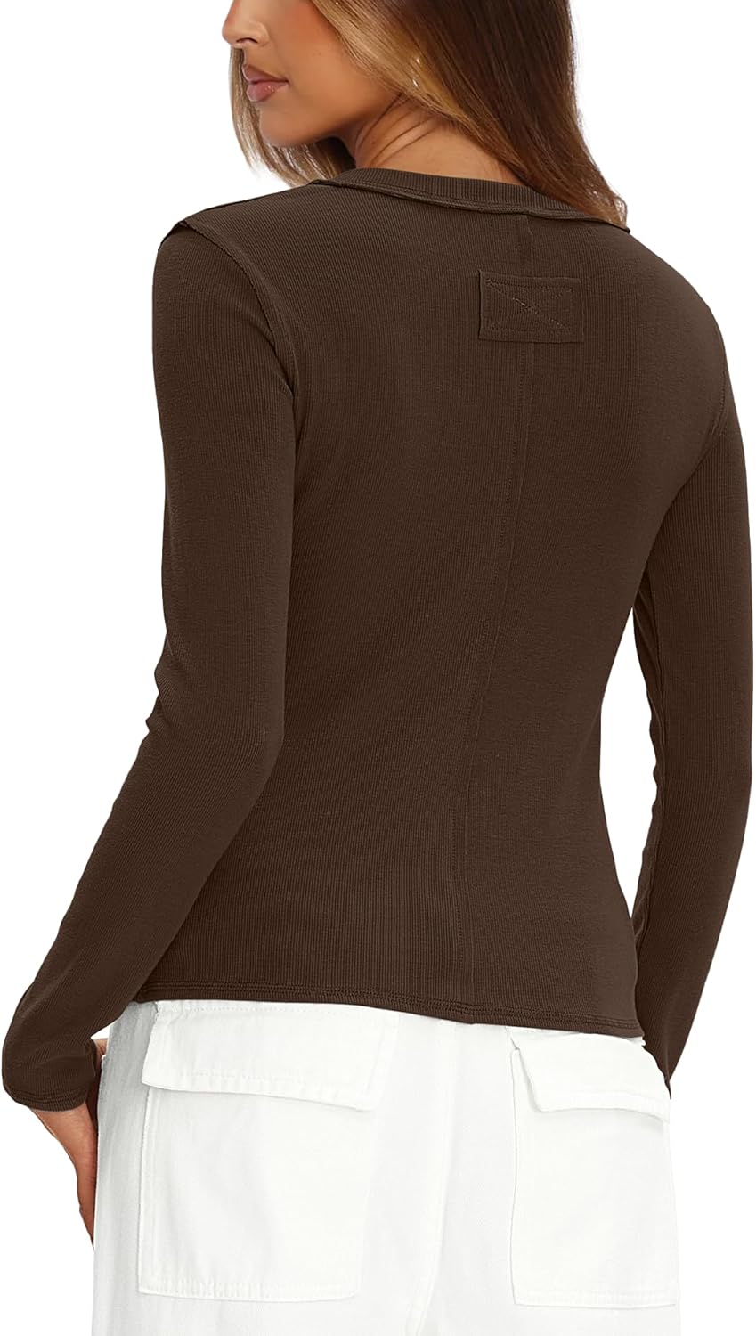 Darong Women Long Sleeve V Neck Ribbed Knit Slim Fit Shirts Basic Tee Tops 2025 Fall Casual T Shirt Blouse Outfits Clothes 9228 Coffee XL - Image 2