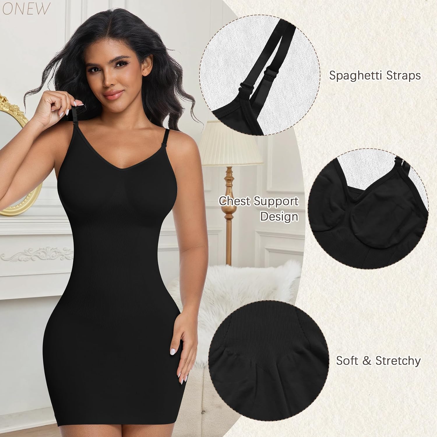 ONEW Shapewear Slips For Under Dress Deep V Neck Tummy Control Full Slip Adjustable Strap Seamless Body Shaper For Women,Black,Small