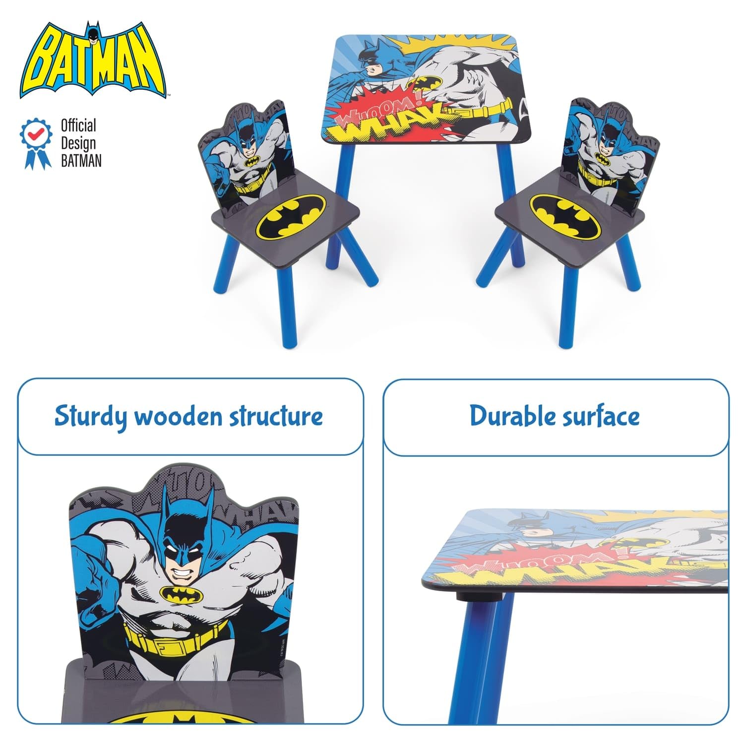 ARDITEX - Ensemble Table et 2 Chaises en Bois pour Enfants Licence Officielle Batman - Table 50x50x44 cm/Chaise 26,5x26,5x50 cm - Bleu Nuit - Idéal pour Jouer et Dessiner