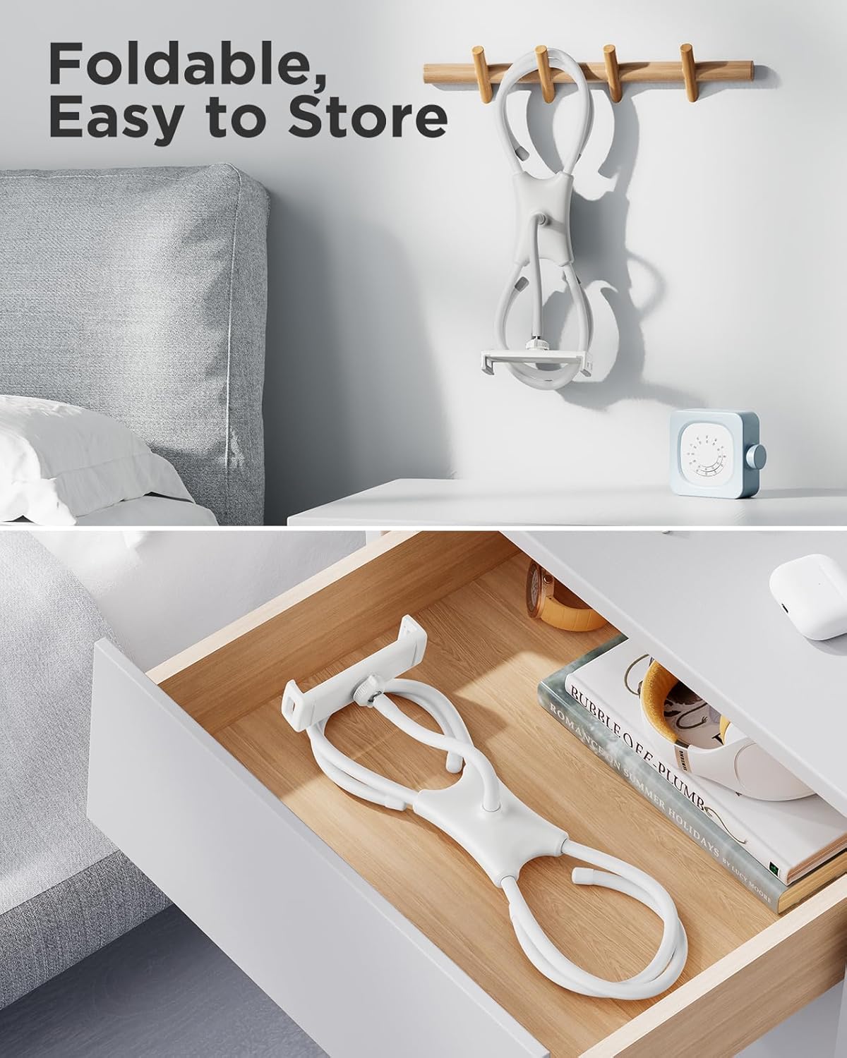 SAIJI iPad Stand, Adjustable Ergonomic Tablet Holder for Bed, Kindle Stand for Reading in Bed Fit for Tablet, Phone, Kindle, Portable Monitor, Switch and More 4.7"-17.3" Devices (White)