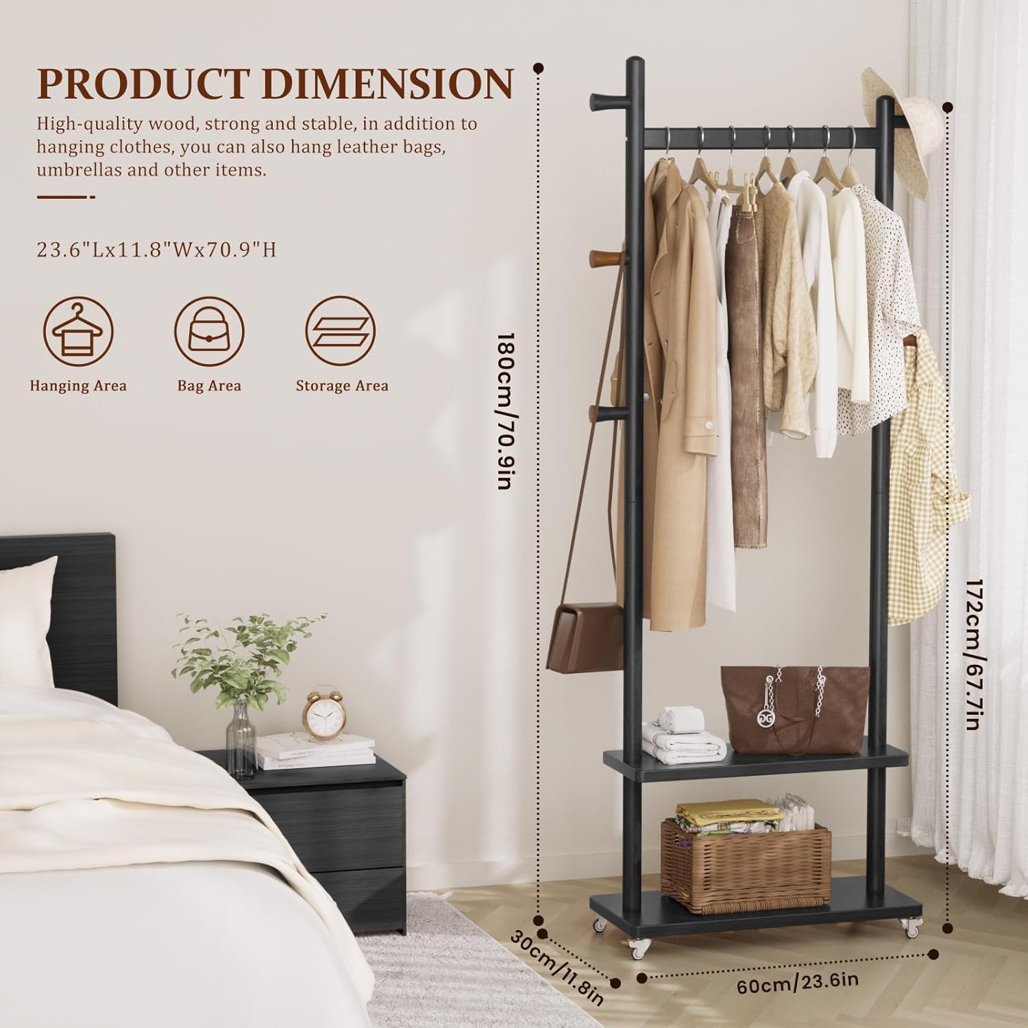 taitiy coat rack freestanding clothing rack with wheels & 2 shelves storage & 5 hooks heavy duty clothes rack wood coat tree stand hat hanger rack for corner bedroom entryway living room hotel size l black l – l: 23.6" x w: 11.8" x h: 70.9" (with wheels)