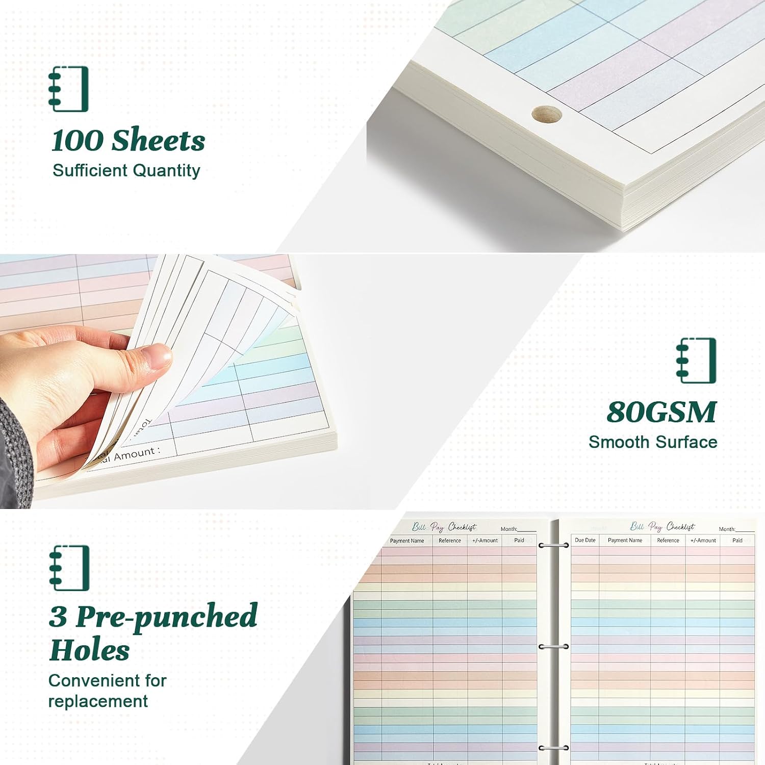 gisgfim 100 Sheets/200 Pages A4 Bill Pay Checklist Filler Paper 8.5×11 Inch 3-Hole Punched Loose Leaf Expense Tracker Binder Paper Colorful Monthly Budget Forms Inserts for Office Home, 80gsm image 3
