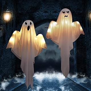 2 Stück Geister Windsack, Halloween Deko Hängende Gruselige mit LED Licht, Hängende Dekorationen für Outdoor, Vorgarten, Terrasse, Rasen, Garten, Partydekor