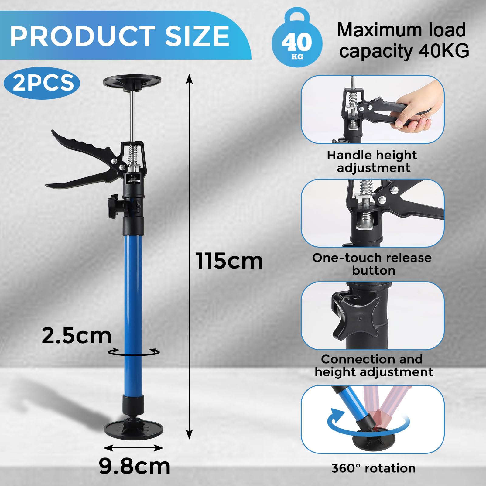 MIGUBIGU 2 Pieces Adjustable Telescopic Prop, Telescopic Support, Maximum Load Capacity 40 kg, Extension 59-115 cm - Image 2