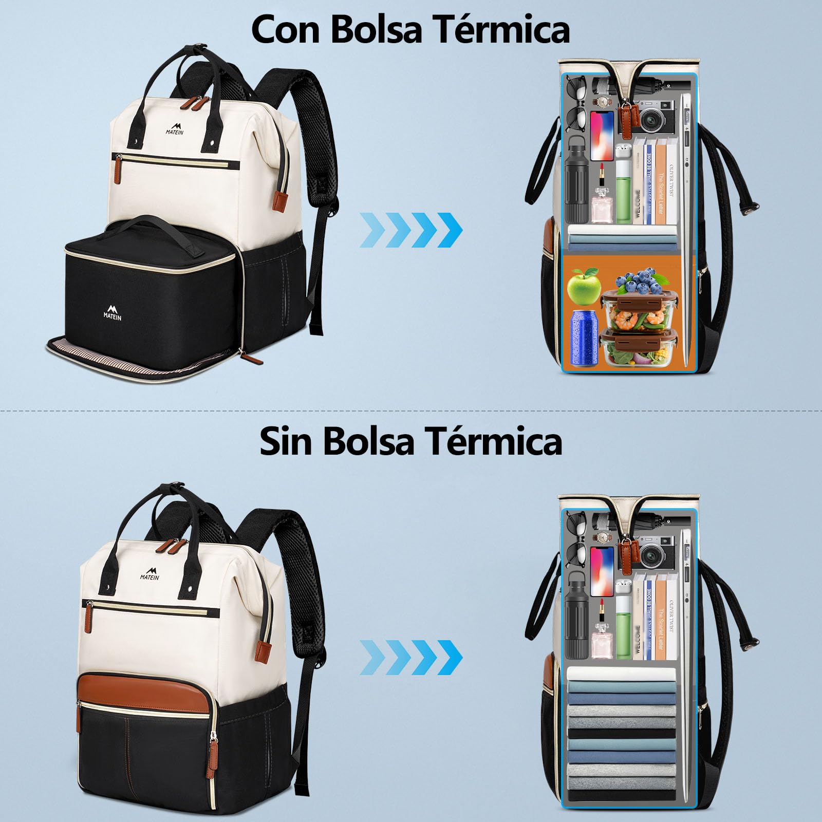 MATEIN Mochila Portatil 15.6 Mujer Set de 2 Piezas, Mochila Ordenador Portatil Impermeable con Bolsa de Almuerzo Termica y Extraíble Lunch Backpack para Universidad Escolares, Enfermeras y Profesoras