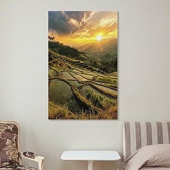 絵画インテリア絵 額付( 青緑＋金色の枠 )油絵F4-081411風景朝夕陽田園 絵画インテリア絵 額付( 青緑＋金色の枠 )油絵F4-081411風景朝