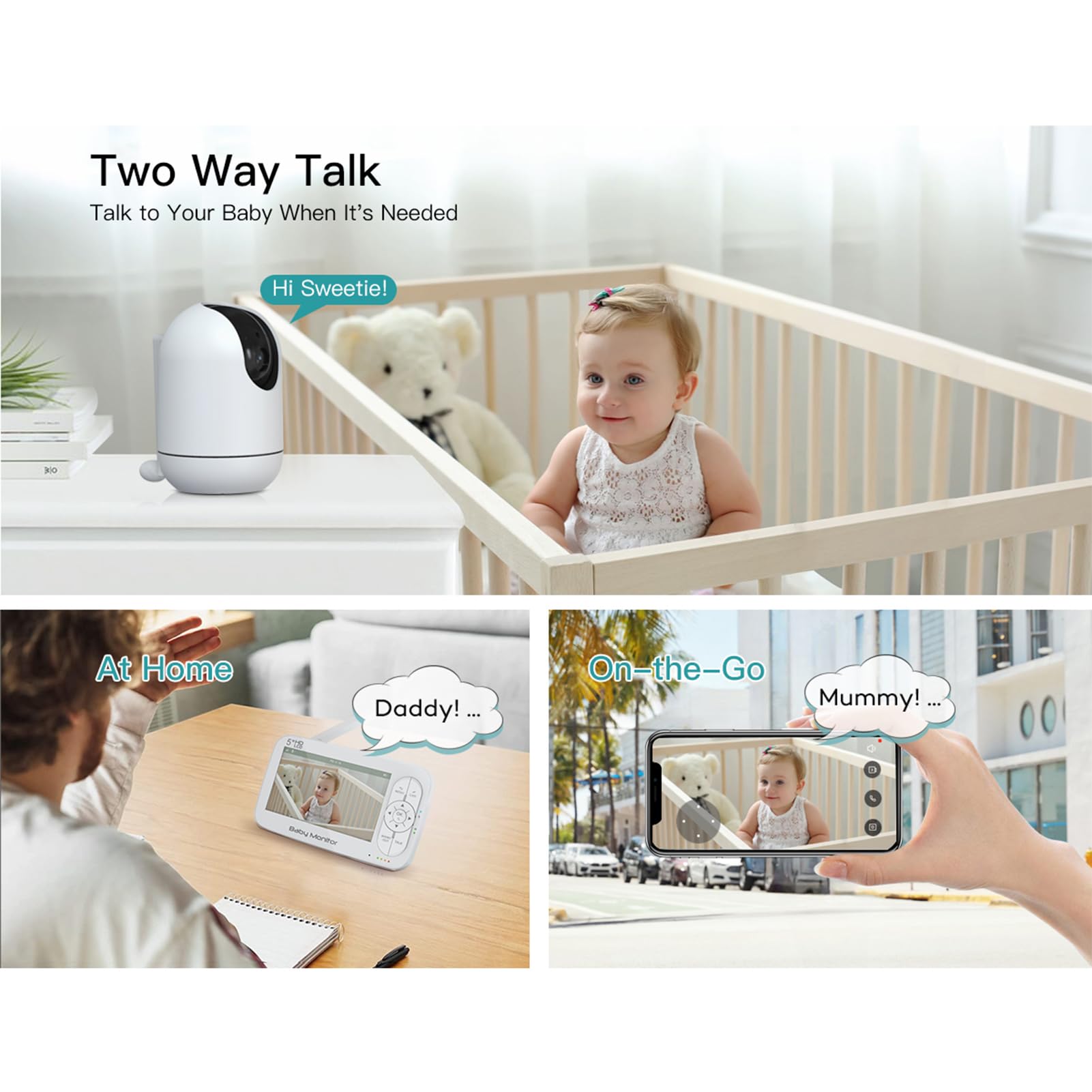 Baby Monitor con Fotocamera e Audio, Display 5", WiFi, Visione Notturna, Zoom 4x, Allarme Temperatura Ricaricabile, Orologio Pappa, Audio Bidirezionale, Portata 300 M per Genitori, (Spina