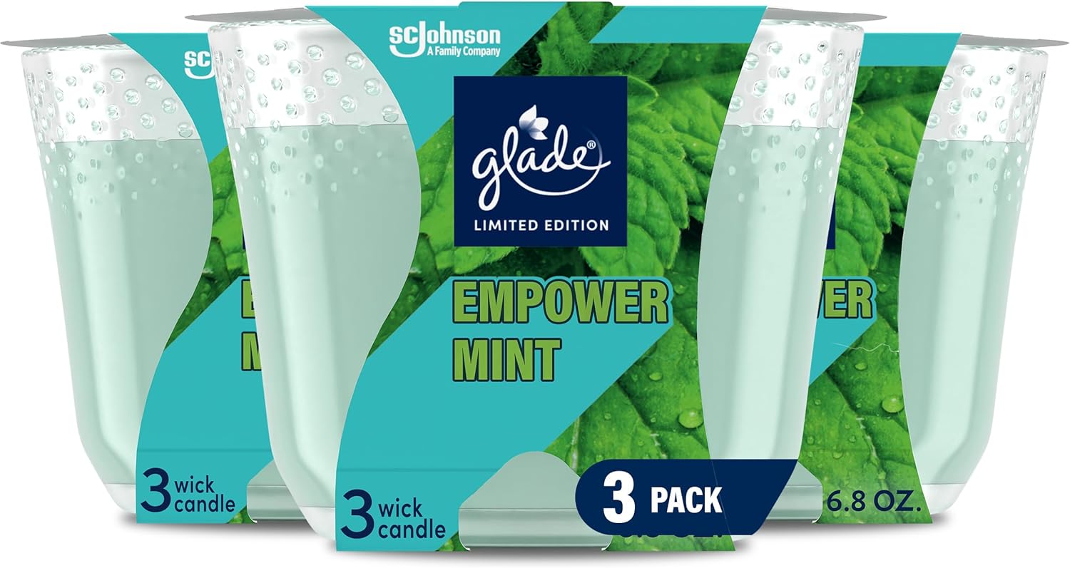 Glade Empower Mint Fragrance 3-Wick Candle Infused with Essential Oils, Air Freshener - 3 Count, 6.8 Oz Each