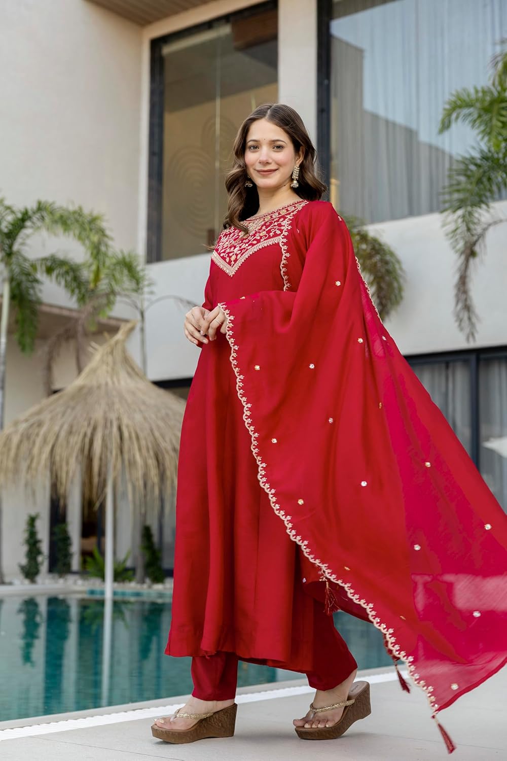 Women Anarkali Kurta Set with Dupatta Embroidered Flared Ethnic Wear Festive Party Outfit