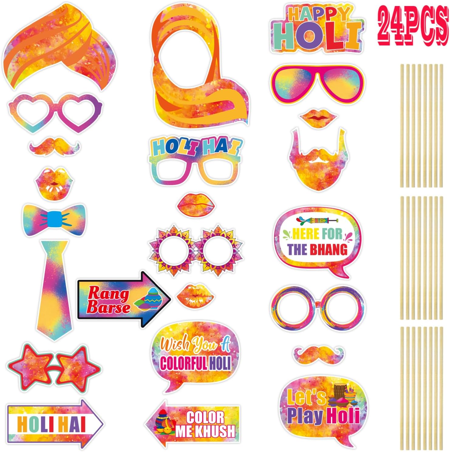 Happy Holi Photo Booth Props Party Supplies - Funny Holi Hai Party Favors Decorations - Indian Holiday Holi Party Decorations - Set of 24 Counts