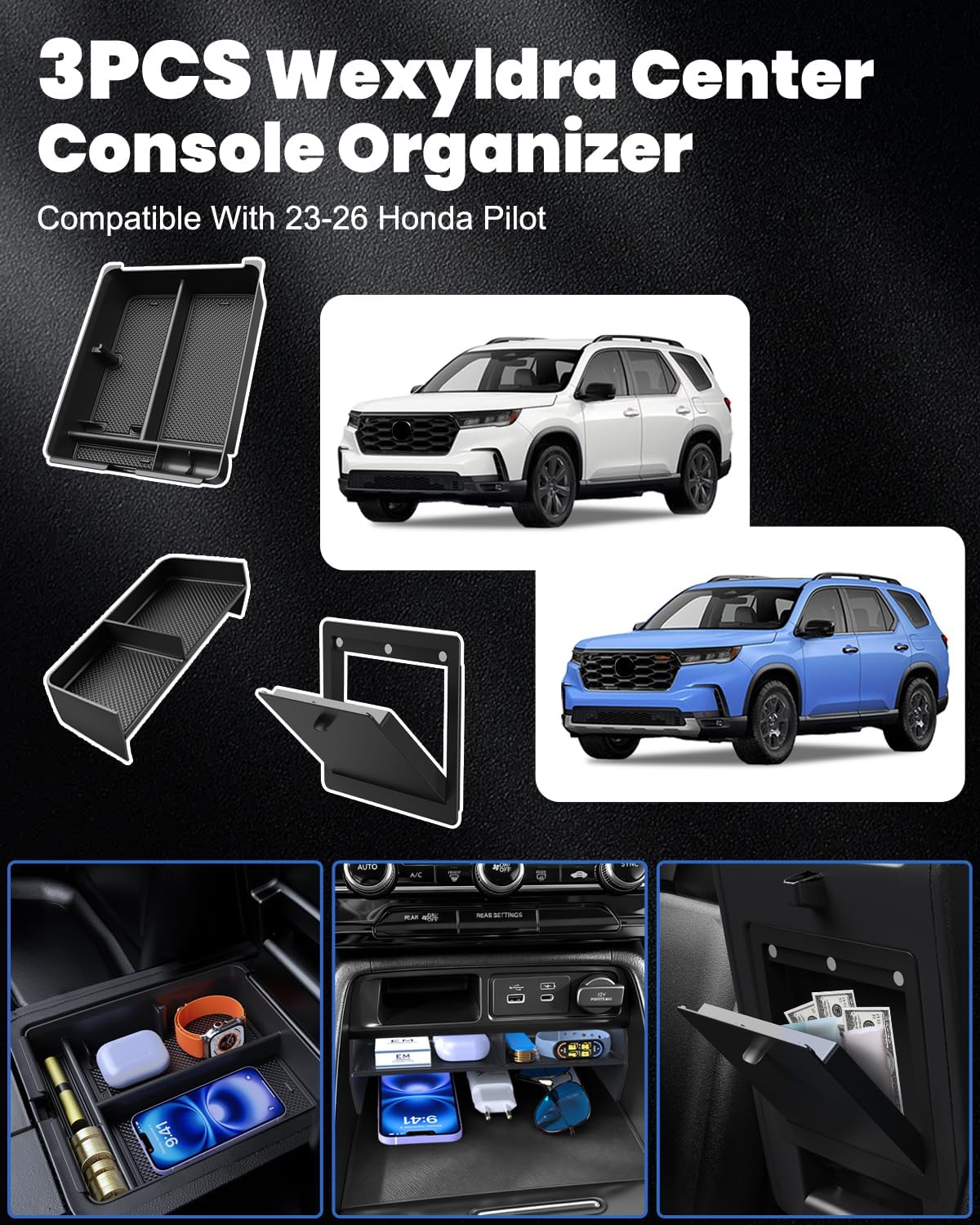 3PCS Center Console Organizer Set Accessories Compatible with Honda Pilot 2023–2026 & Honda Passport 2026 – Includes Dash Tray, Hidden Storage Box & Center Console Divider, Keep Your Cabin Neat