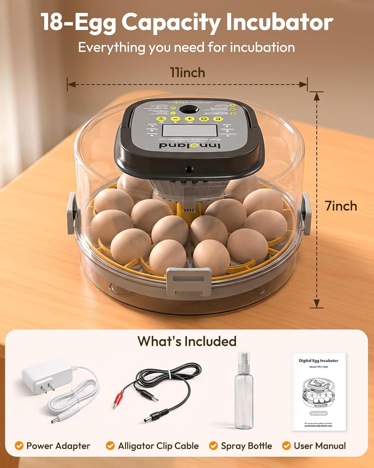 INNOLAND Incubatori per uova da cova con 5 preset intelligenti, 18 incubatori per uova con controllo dell'umidità, serbatoio interno da 1 litro senza ricarica, candela, tornitore automatico per uova
