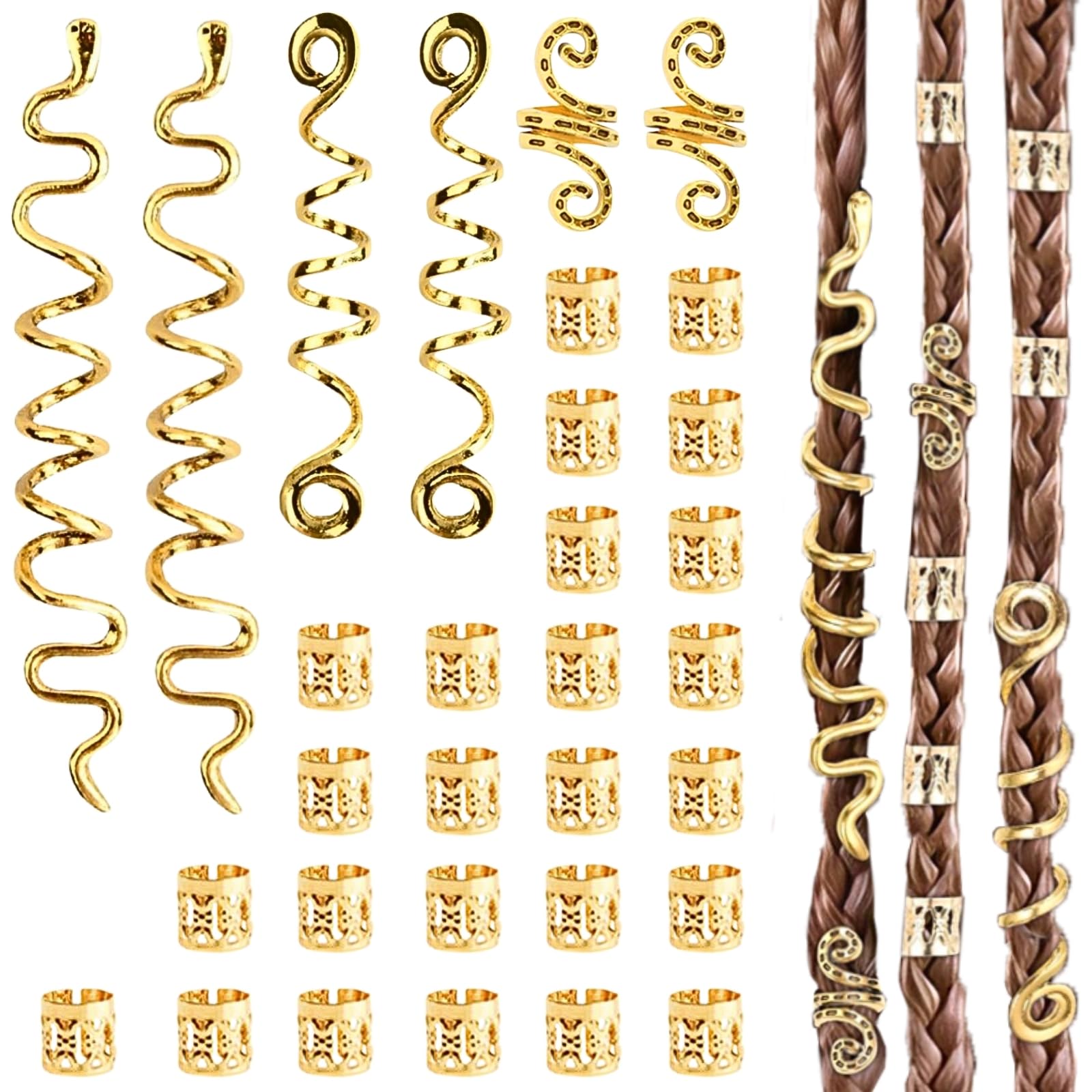 LUFFLOK 31 Stück Gold-Haarschmuck für Zöpfe, Dreadlocks Schmuck, Haaranhänger für Frauen und Männer, Manschetten-Clips für Haar-Dreadlock, Dreadlocks Perlen Flechtet Haarspiralen Clips (Gold)