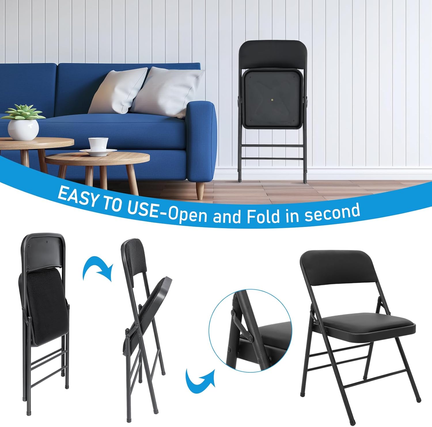 6 Pack Folding Chairs, Fabric Dining Chair Set with Padded Cushion and Back, Indoor Outdoor Steel Frame Metal Folding Chairs for Home Office Events Wedding Party (Black Fabric folding chair)